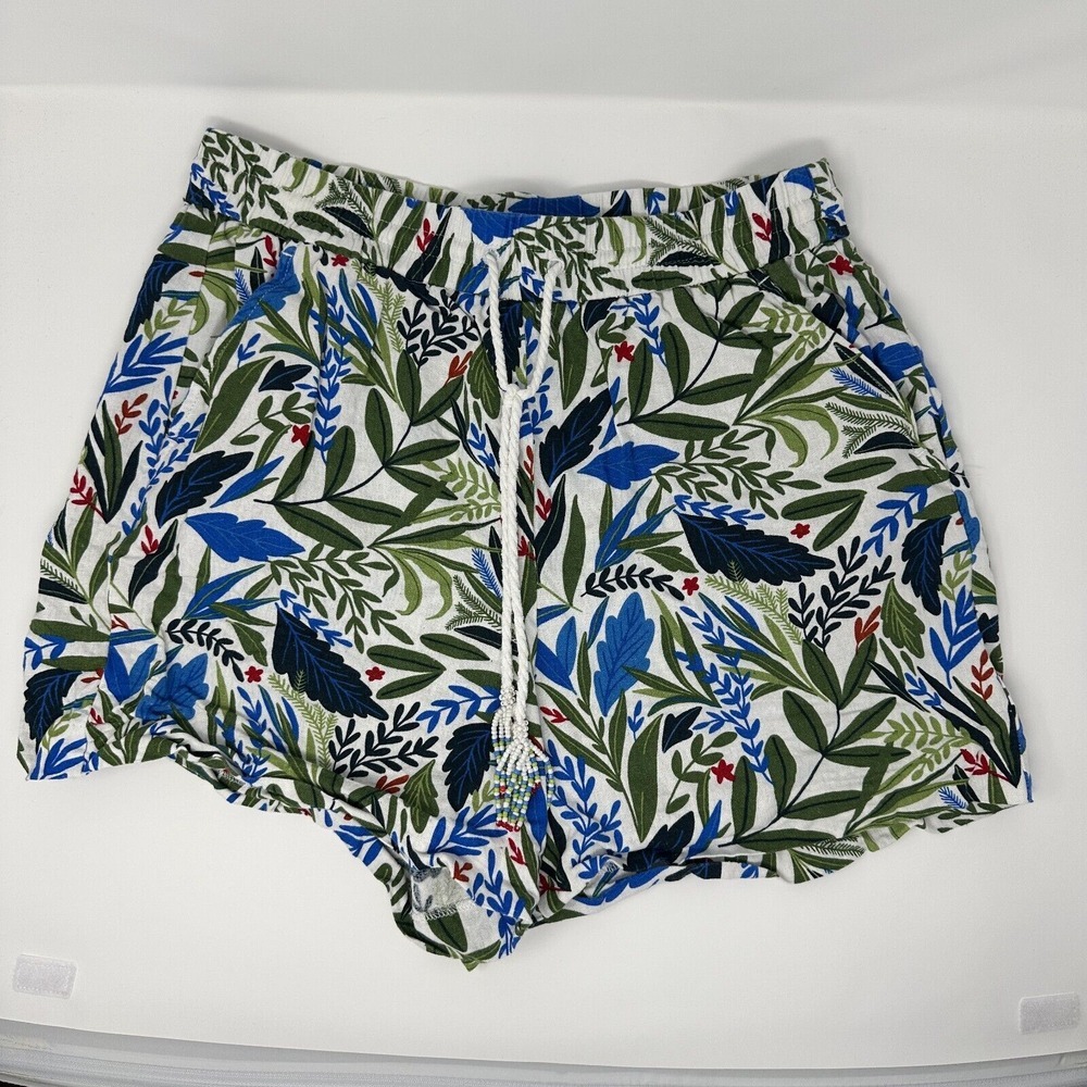 Joie Linen Rayon Tropical Print Floral Leaf Relaxed Beaded Tassel Shorts‎ 10
